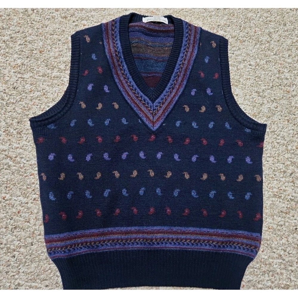 TRICOTS ST. RAPHAEL SAKS FIFTH AVENUE MENS SWEATER VEST VIRGIN WOOL Paisley Navy